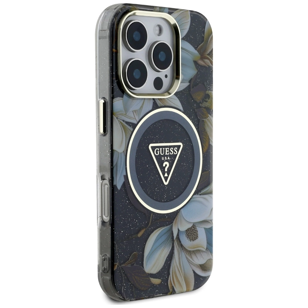 Guess Glitter Flowers Triangle Buttons MagSafe case for iPhone 16 Pro blackeng