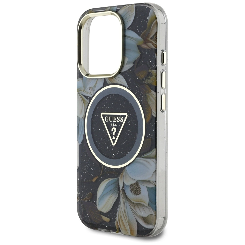 Guess Glitter Flowers Triangle Buttons MagSafe case for iPhone 16 Pro blackeng