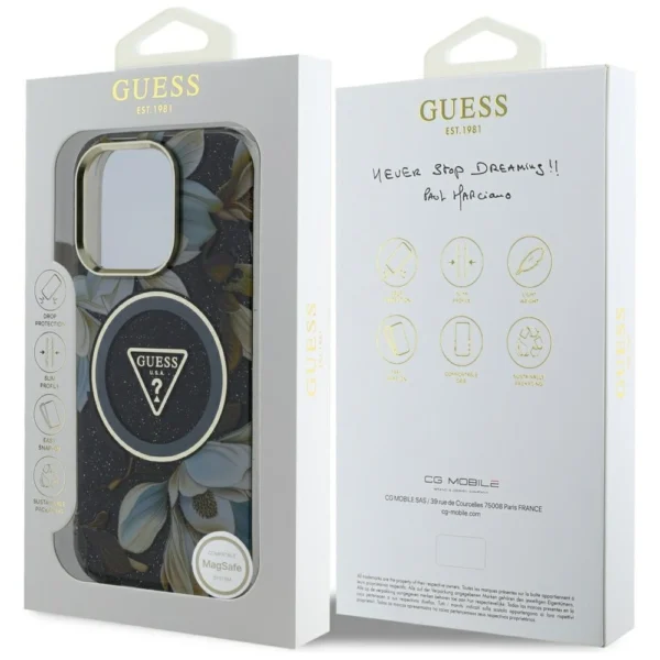 Guess Glitter Flowers Triangle Buttons MagSafe case for iPhone 16 Pro blackeng