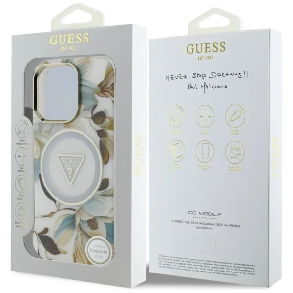Guess Glitter Flowers Triangle Buttons MagSafe Case for iPhone 16 Pro Max Whiteeng