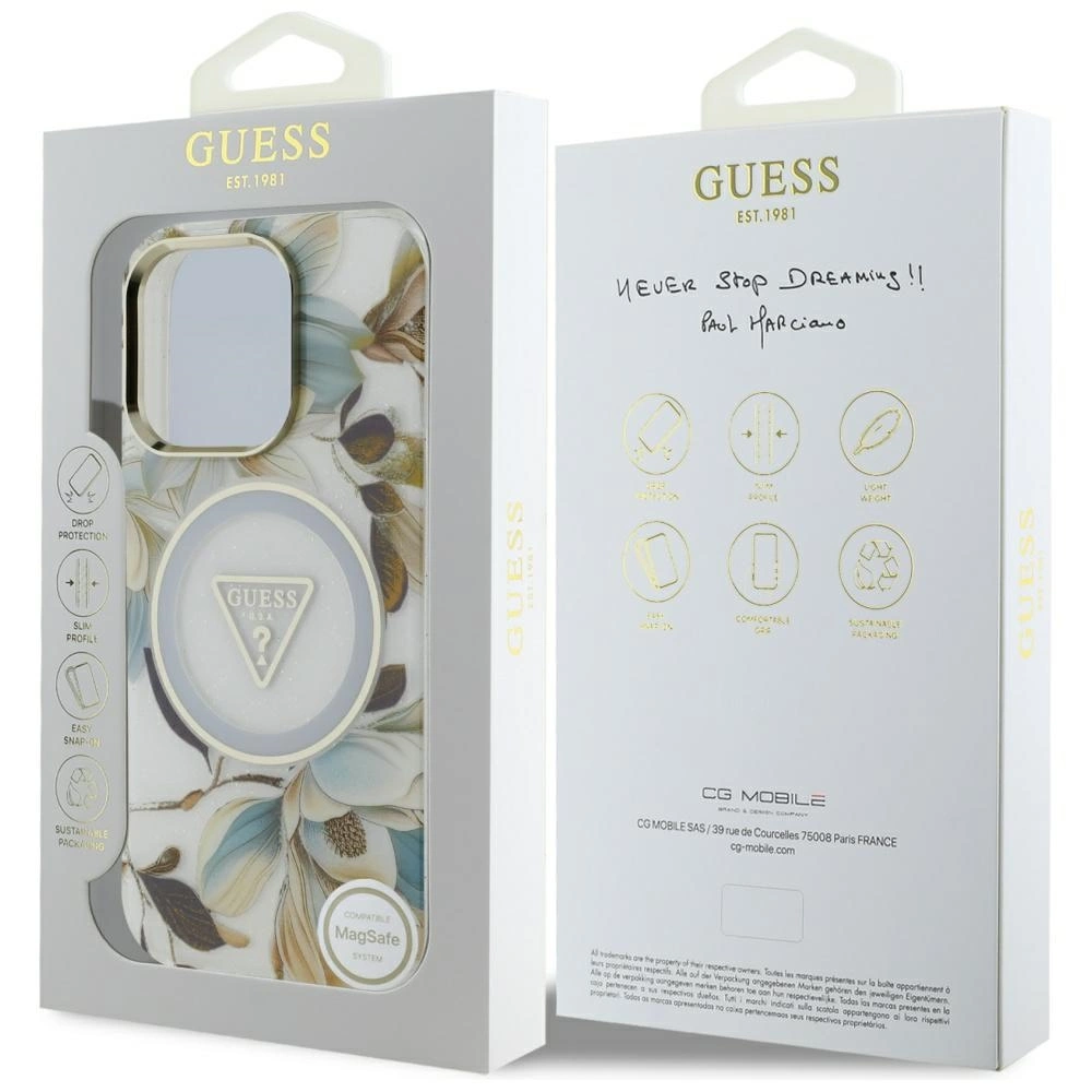 Guess Glitter Flowers Triangle Buttons MagSafe Case for iPhone 16 Pro Max Whiteeng