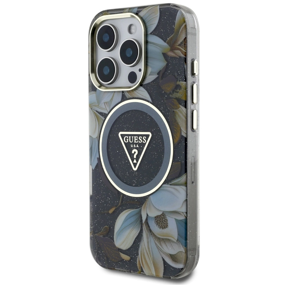 Guess Glitter Flowers Triangle Buttons MagSafe case for iPhone 16 Pro Max blackeng