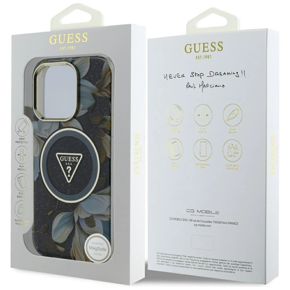 Guess Glitter Flowers Triangle Buttons MagSafe case for iPhone 16 Pro Max blackeng