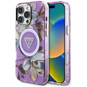Guess Glitter Flowers Triangle Buttons MagSafe Case for iPhone 16 Pro Max Purpleeng