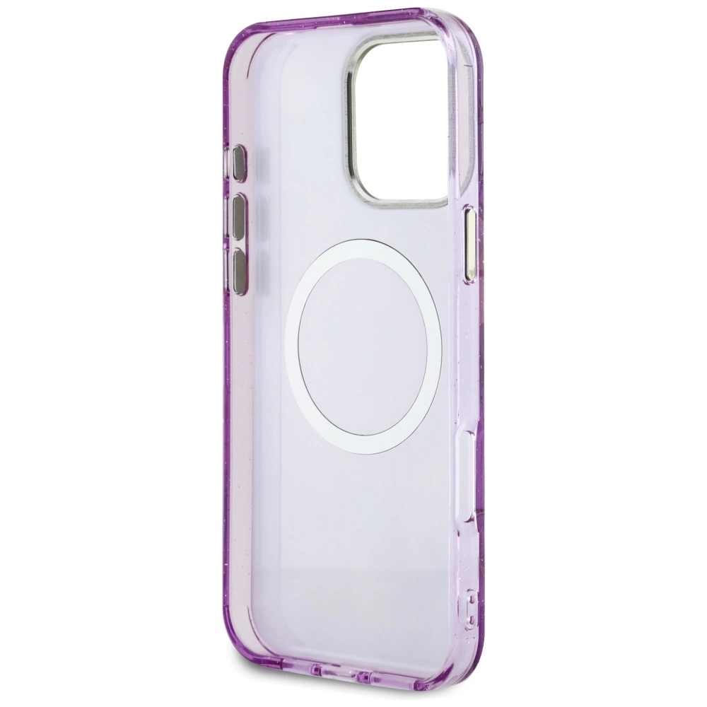 Guess Glitter Flowers Triangle Buttons MagSafe Case for iPhone 16 Pro Max Purpleeng