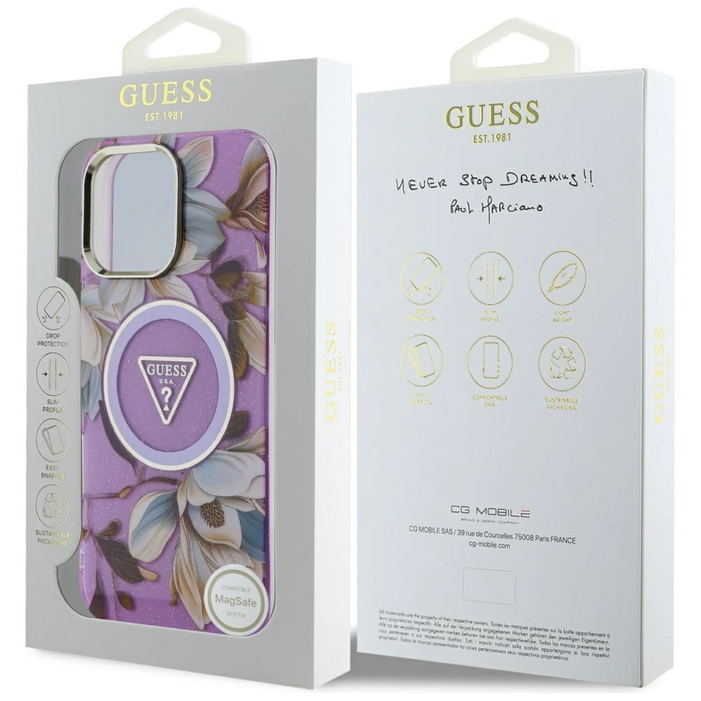 Guess Glitter Flowers Triangle Buttons MagSafe Case for iPhone 16 Pro Max Purpleeng