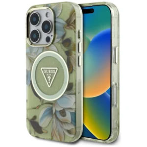 Guess Glitter Flowers Triangle Buttons MagSafe case for iPhone 16 Pro Max greeneng