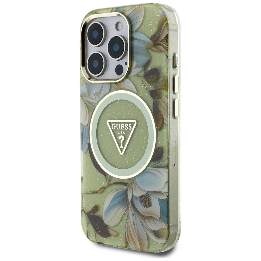 Guess Glitter Flowers Triangle Buttons MagSafe case for iPhone 16 Pro greeneng