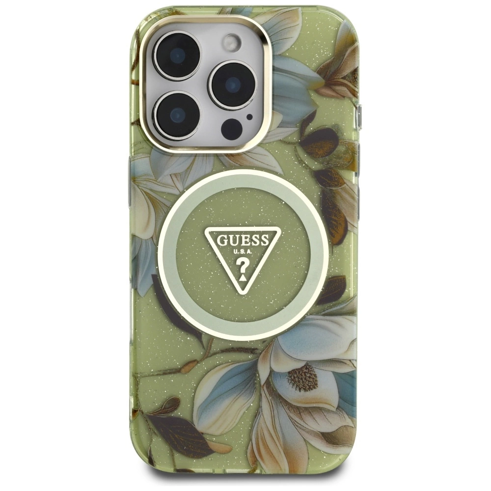 Guess Glitter Flowers Triangle Buttons MagSafe case for iPhone 16 Pro greeneng