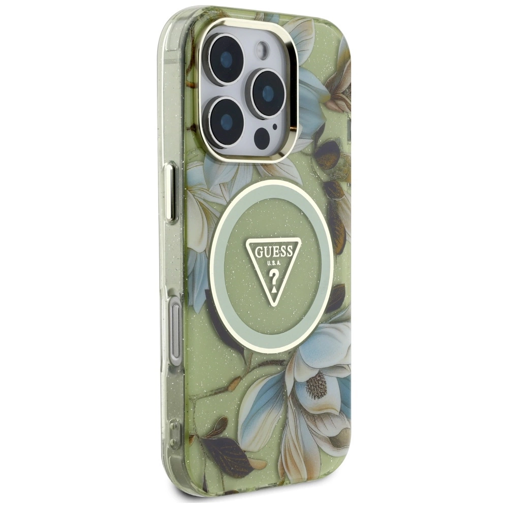 Guess Glitter Flowers Triangle Buttons MagSafe case for iPhone 16 Pro greeneng