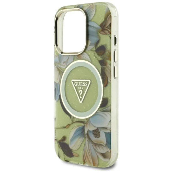 Guess Glitter Flowers Triangle Buttons MagSafe case for iPhone 16 Pro greeneng