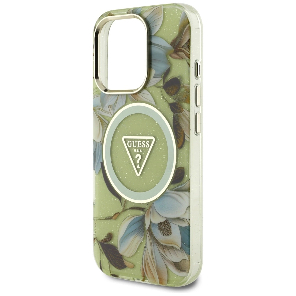 Guess Glitter Flowers Triangle Buttons MagSafe case for iPhone 16 Pro greeneng