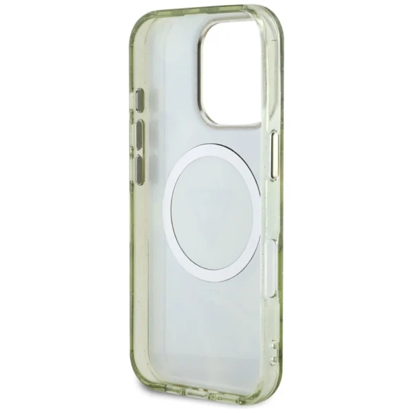 Guess Glitter Flowers Triangle Buttons MagSafe case for iPhone 16 Pro greeneng