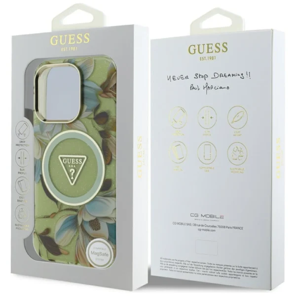 Guess Glitter Flowers Triangle Buttons MagSafe case for iPhone 16 Pro greeneng