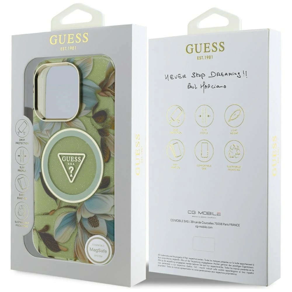 Guess Glitter Flowers Triangle Buttons MagSafe case for iPhone 16 Pro greeneng