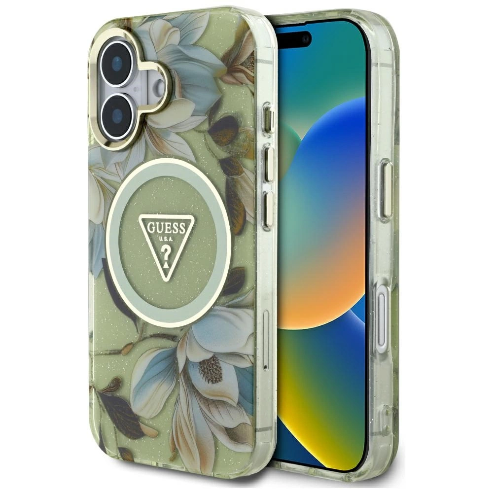 Guess Glitter Flowers Triangle Buttons MagSafe case for iPhone 16 greeneng