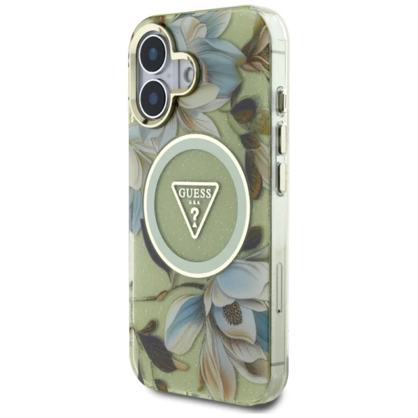 Guess Glitter Flowers Triangle Buttons MagSafe case for iPhone 16 greeneng