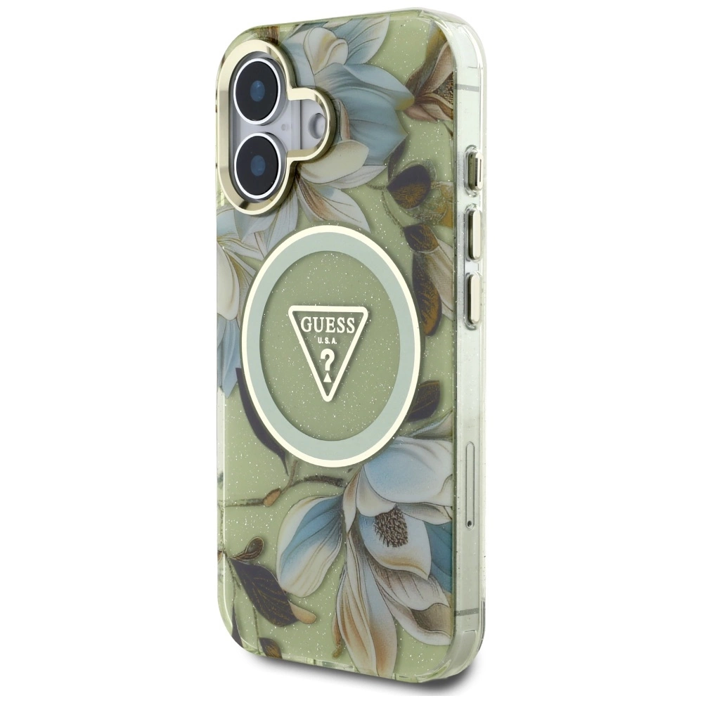 Guess Glitter Flowers Triangle Buttons MagSafe case for iPhone 16 greeneng