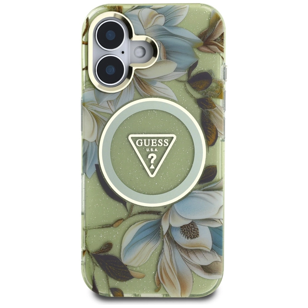 Guess Glitter Flowers Triangle Buttons MagSafe case for iPhone 16 greeneng