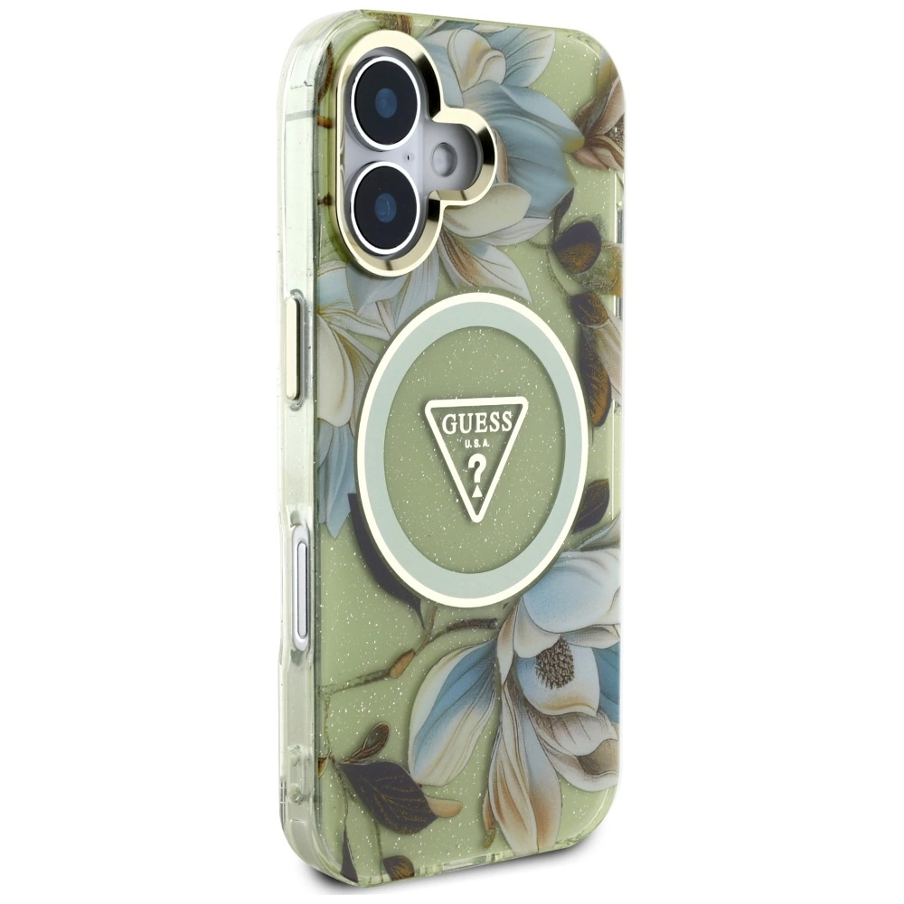 Guess Glitter Flowers Triangle Buttons MagSafe case for iPhone 16 greeneng
