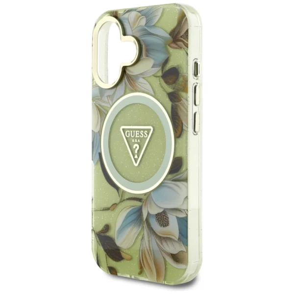 Guess Glitter Flowers Triangle Buttons MagSafe case for iPhone 16 greeneng