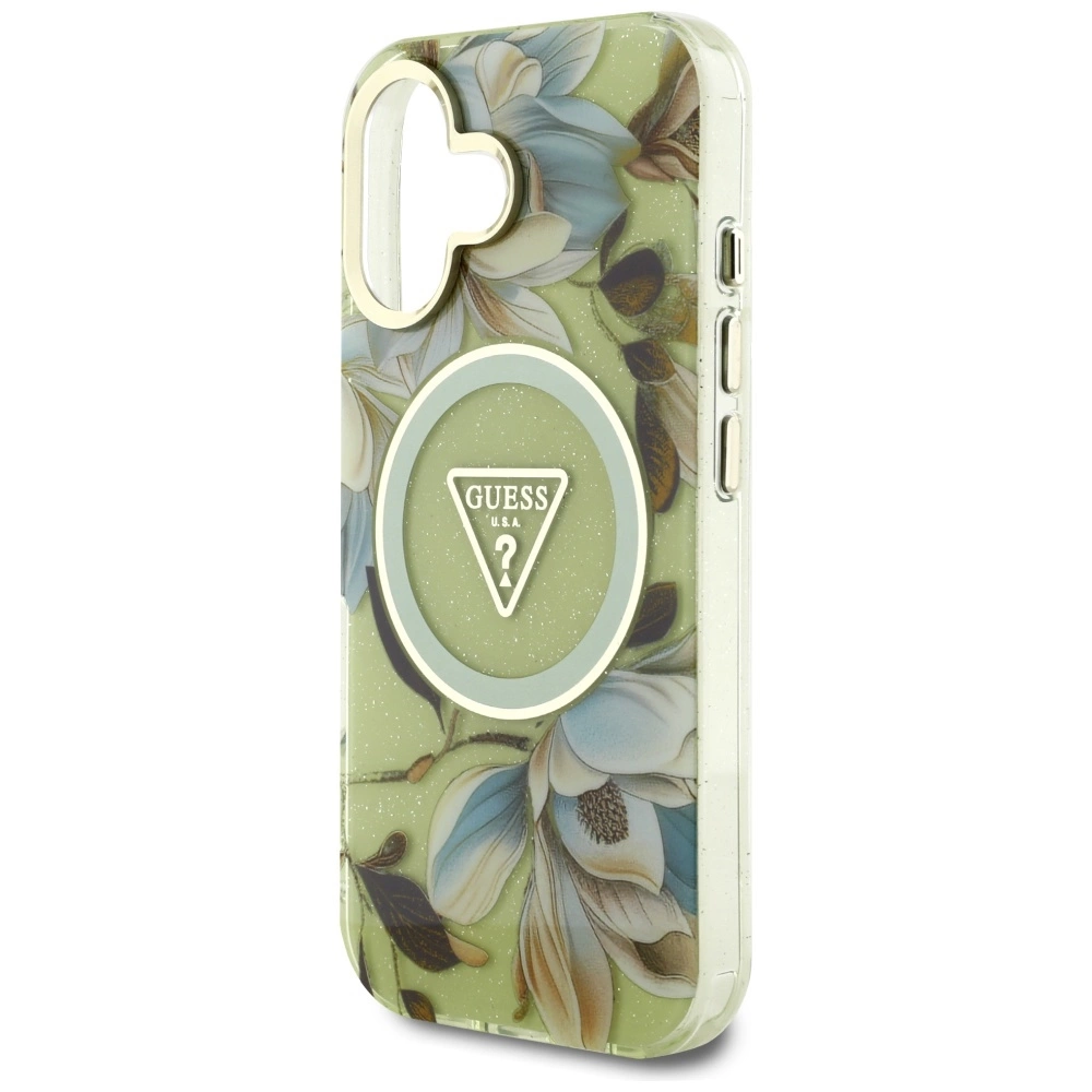 Guess Glitter Flowers Triangle Buttons MagSafe case for iPhone 16 greeneng