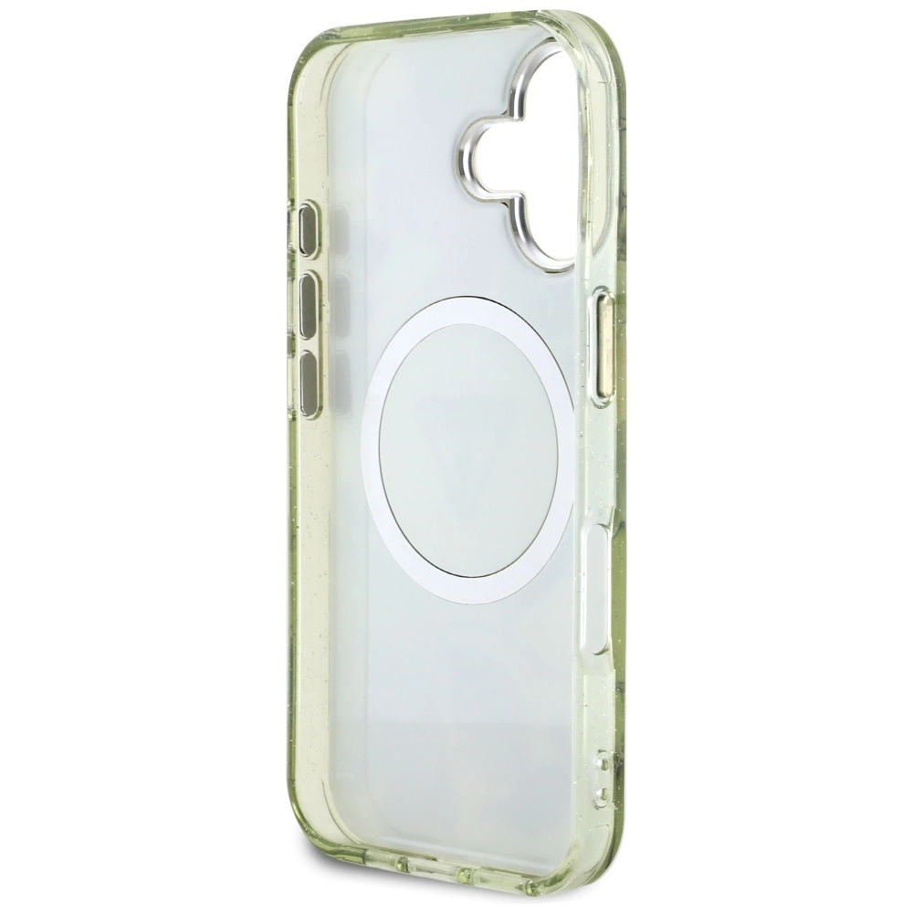 Guess Glitter Flowers Triangle Buttons MagSafe case for iPhone 16 greeneng