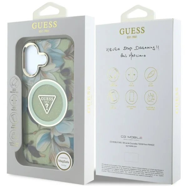Guess Glitter Flowers Triangle Buttons MagSafe case for iPhone 16 greeneng