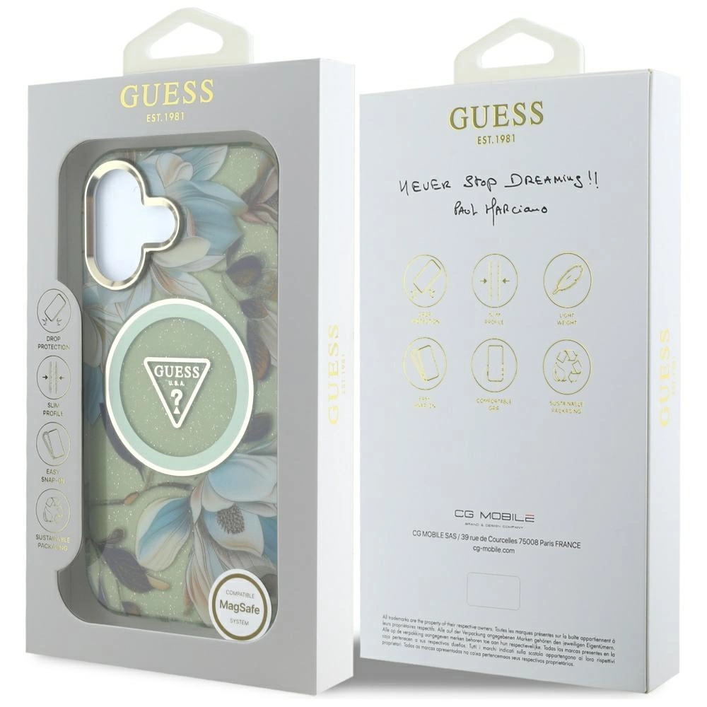 Guess Glitter Flowers Triangle Buttons MagSafe case for iPhone 16 greeneng