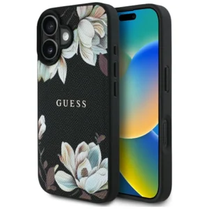 Guess Grained Printed Flower Pattern MagSafe case for iPhone 16 blackeng