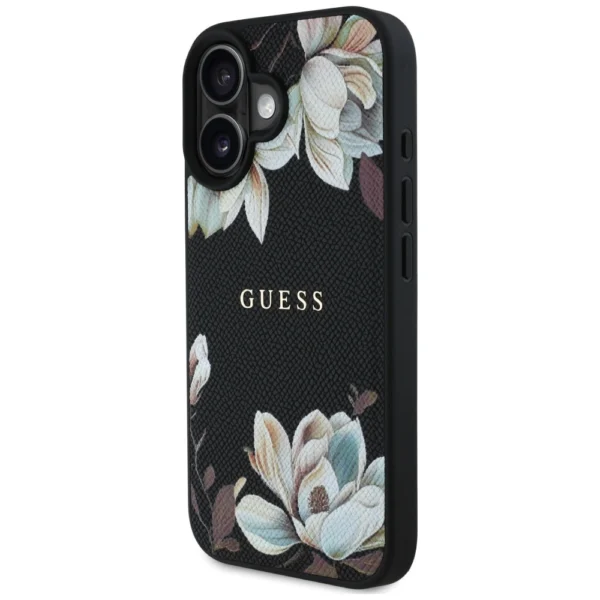 Guess Grained Printed Flower Pattern MagSafe case for iPhone 16 blackeng