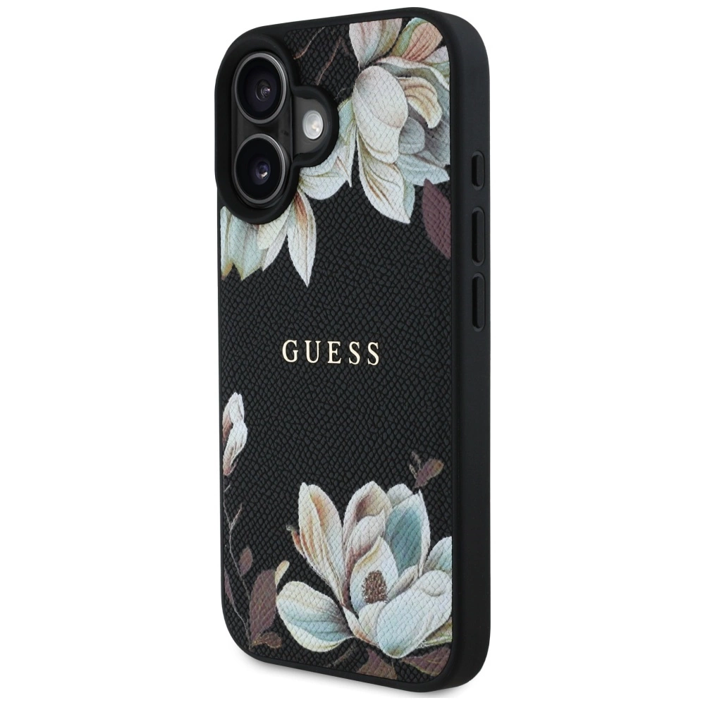 Guess Grained Printed Flower Pattern MagSafe case for iPhone 16 blackeng