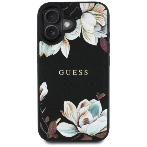 Guess Grained Printed Flower Pattern MagSafe case for iPhone 16 blackeng