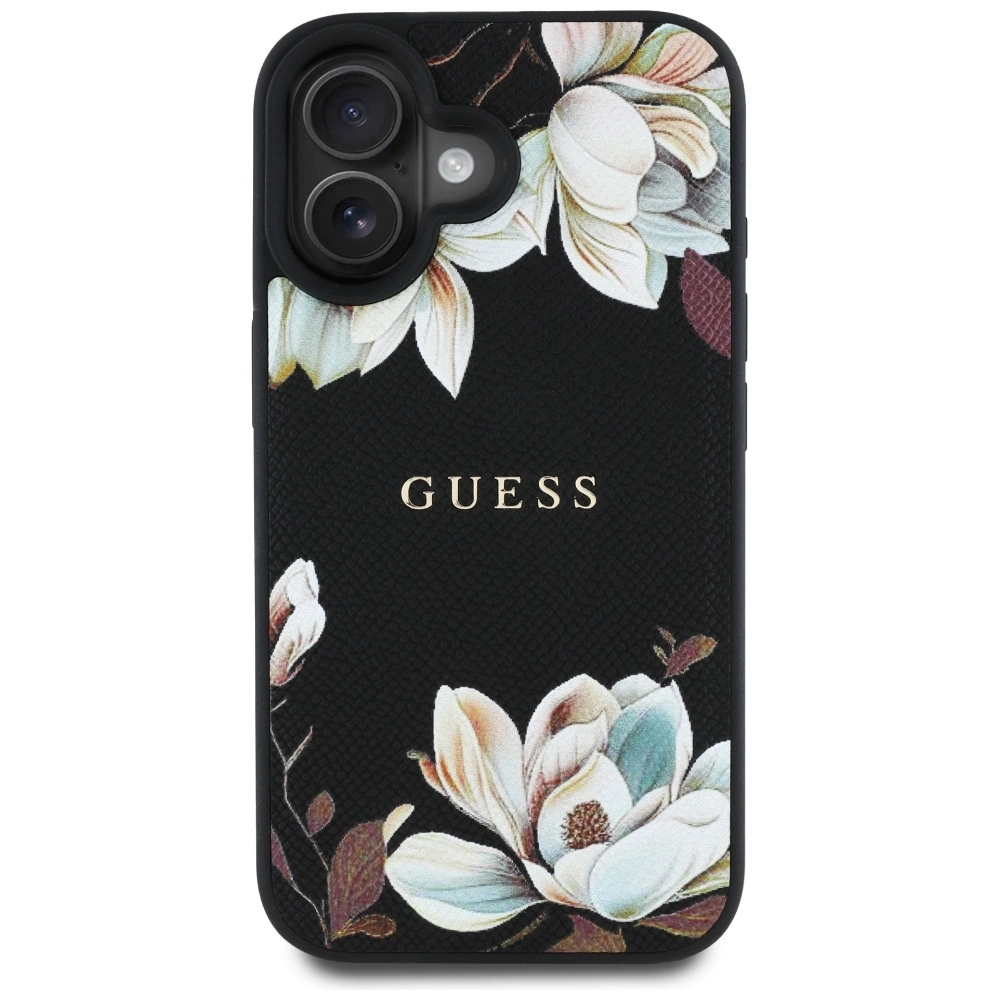 Guess Grained Printed Flower Pattern MagSafe case for iPhone 16 blackeng