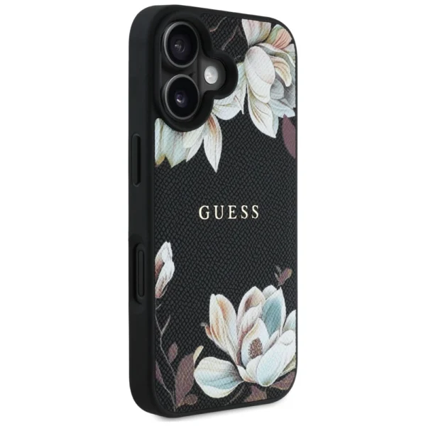 Guess Grained Printed Flower Pattern MagSafe case for iPhone 16 blackeng