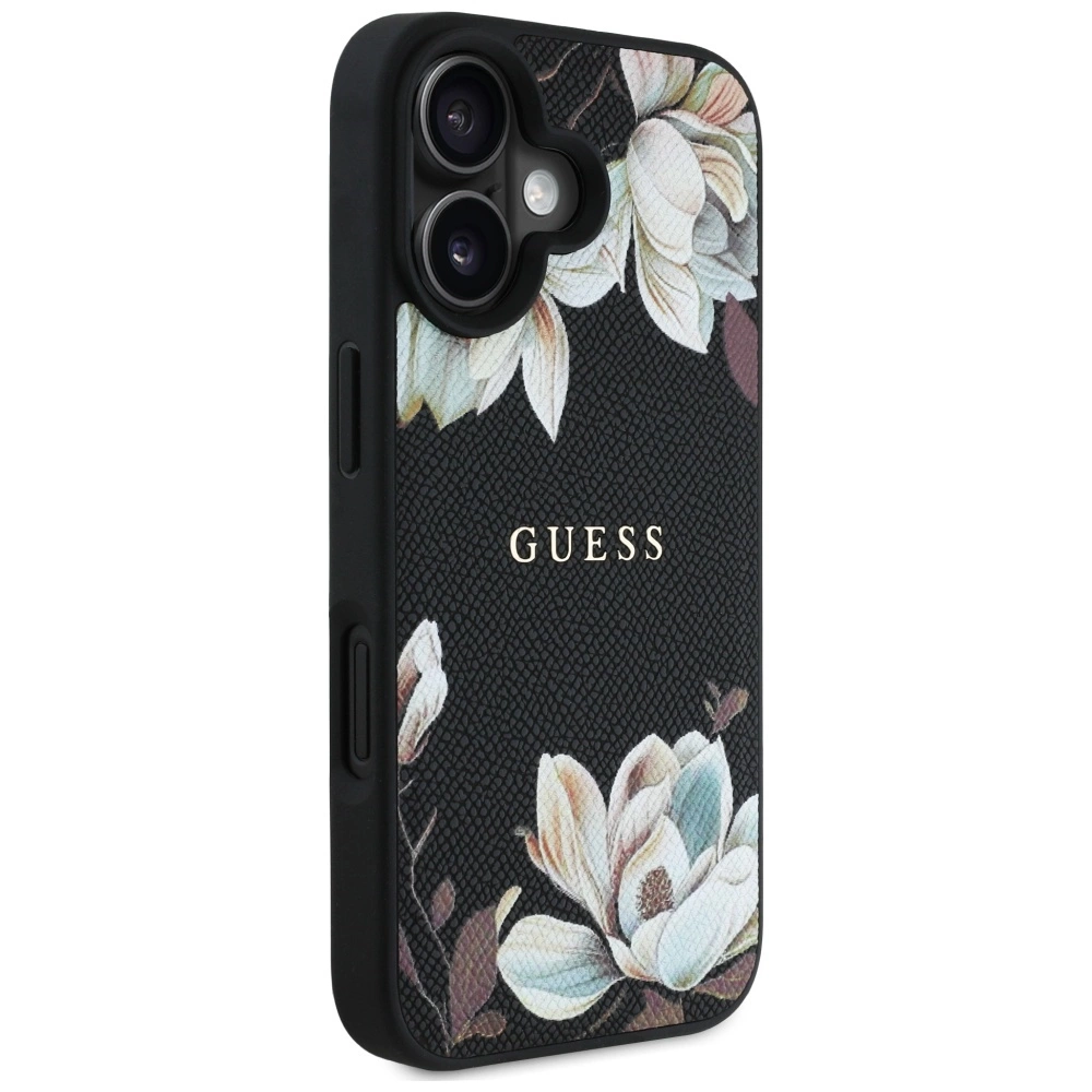 Guess Grained Printed Flower Pattern MagSafe case for iPhone 16 blackeng