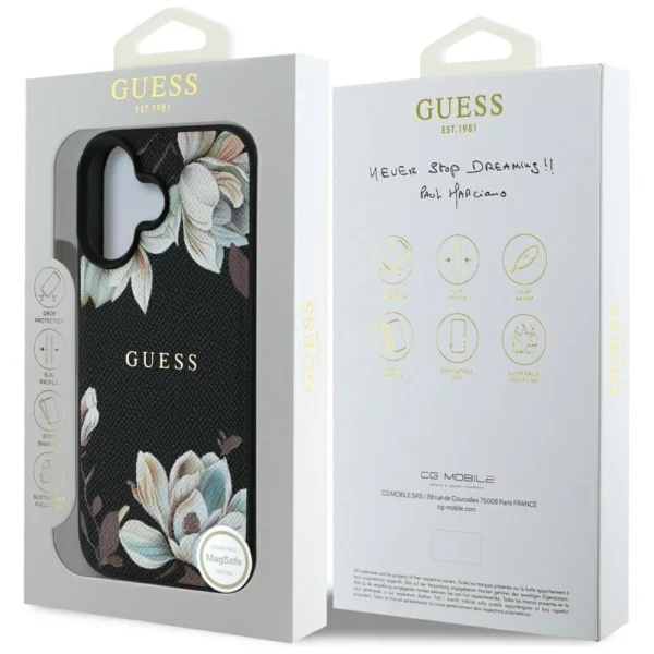 Guess Grained Printed Flower Pattern MagSafe case for iPhone 16 blackeng