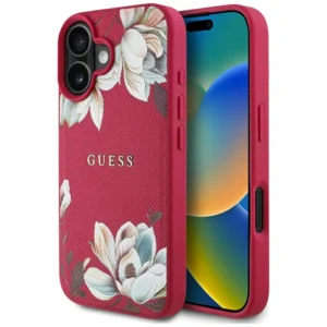 Guess Grained Printed Flower Pattern MagSafe case for iPhone 16 fuchsiaeng
