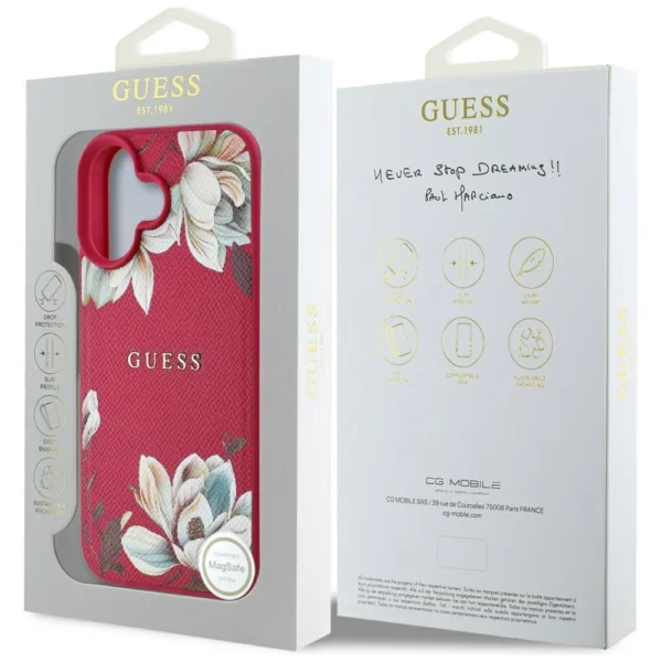 Guess Grained Printed Flower Pattern MagSafe case for iPhone 16 fuchsiaeng