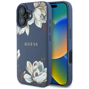Guess Grained Printed Flower Pattern MagSafe case for iPhone 16 blueeng