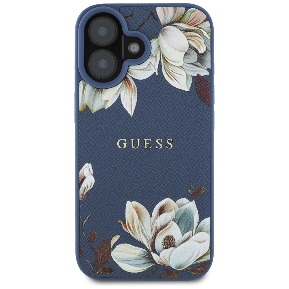 Guess Grained Printed Flower Pattern MagSafe case for iPhone 16 blueeng