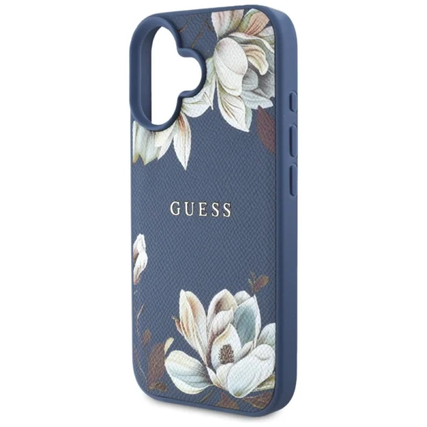 Guess Grained Printed Flower Pattern MagSafe case for iPhone 16 blueeng