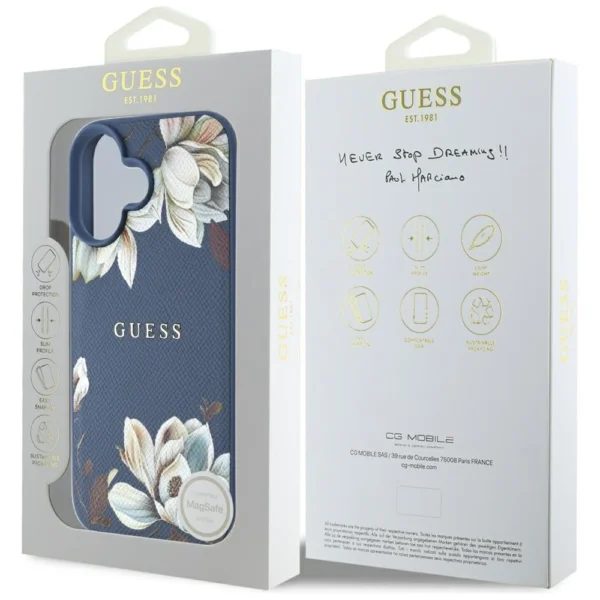 Guess Grained Printed Flower Pattern MagSafe case for iPhone 16 blueeng
