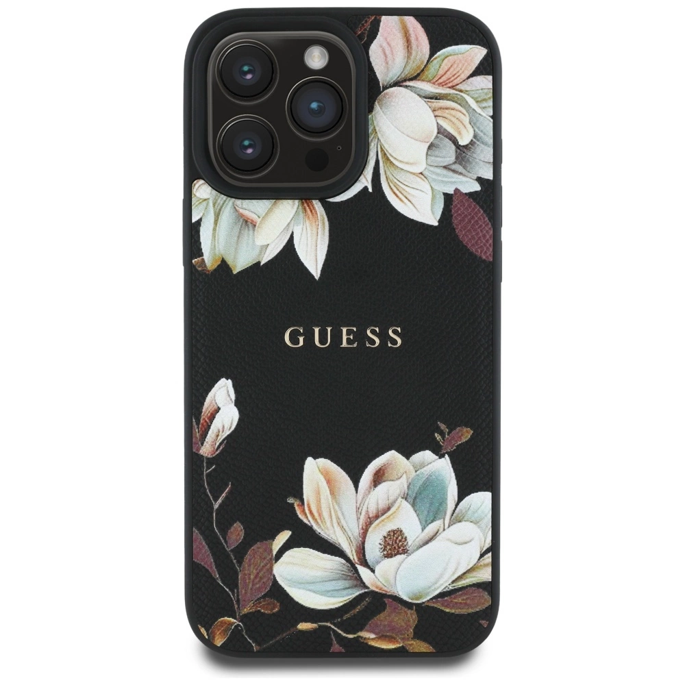 Guess Grained Printed Flower Pattern MagSafe case for iPhone 16 Pro blackeng