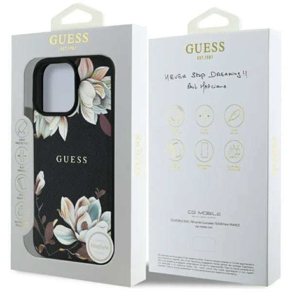 Guess Grained Printed Flower Pattern MagSafe case for iPhone 16 Pro blackeng