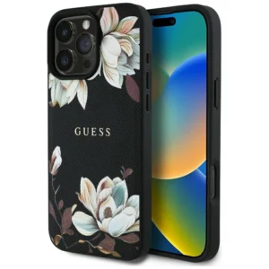 Guess Grained Printed Flower Pattern MagSafe case for iPhone 16 Pro Max blackeng