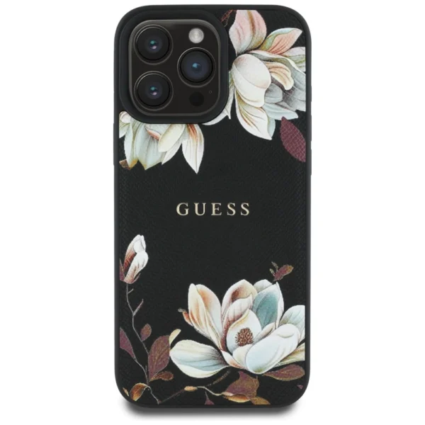 Guess Grained Printed Flower Pattern MagSafe case for iPhone 16 Pro Max blackeng