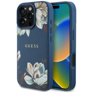 Guess Grained Printed Flower Pattern MagSafe case for iPhone 16 Pro blueeng