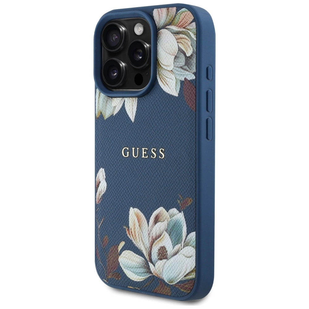 Guess Grained Printed Flower Pattern MagSafe case for iPhone 16 Pro blueeng