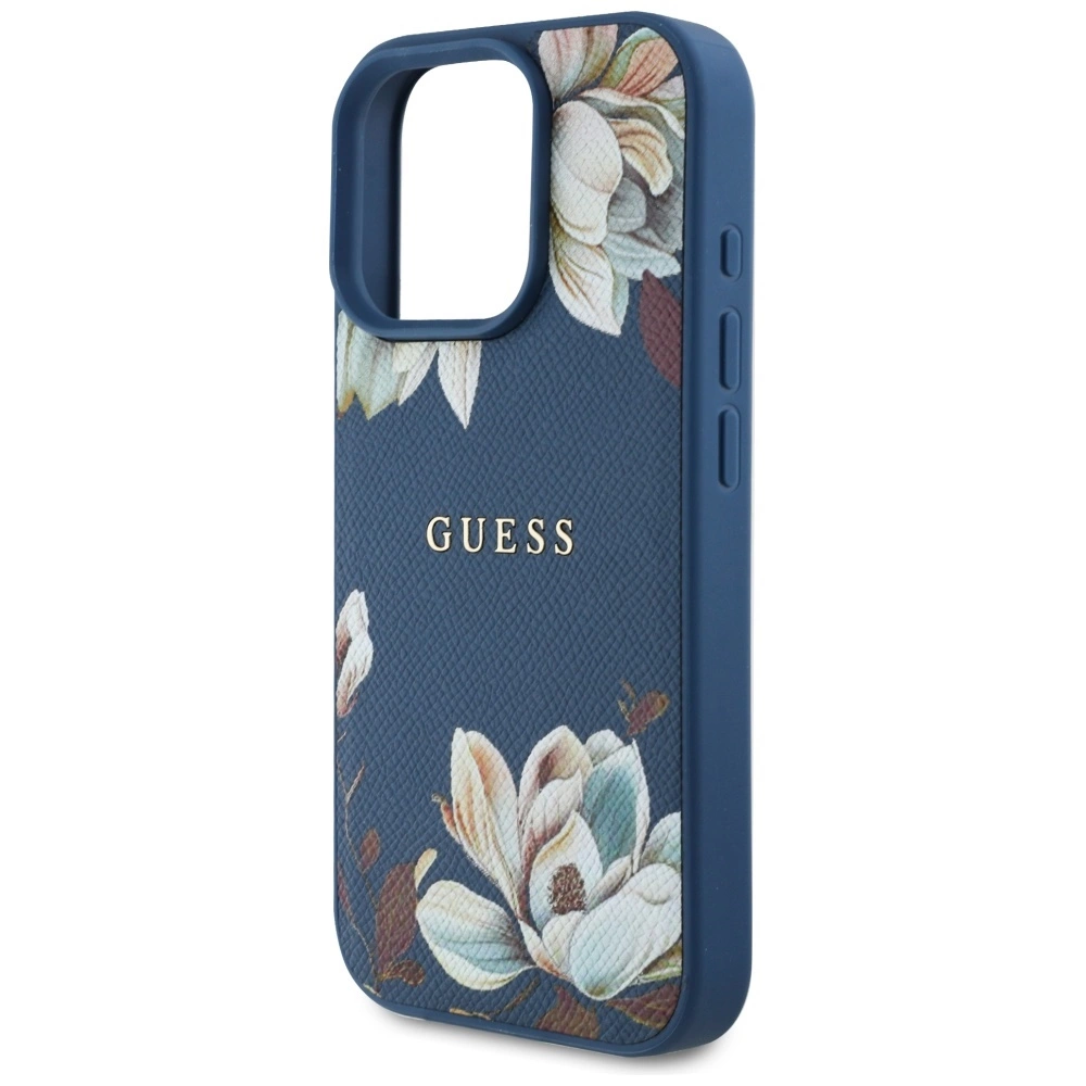 Guess Grained Printed Flower Pattern MagSafe case for iPhone 16 Pro blueeng